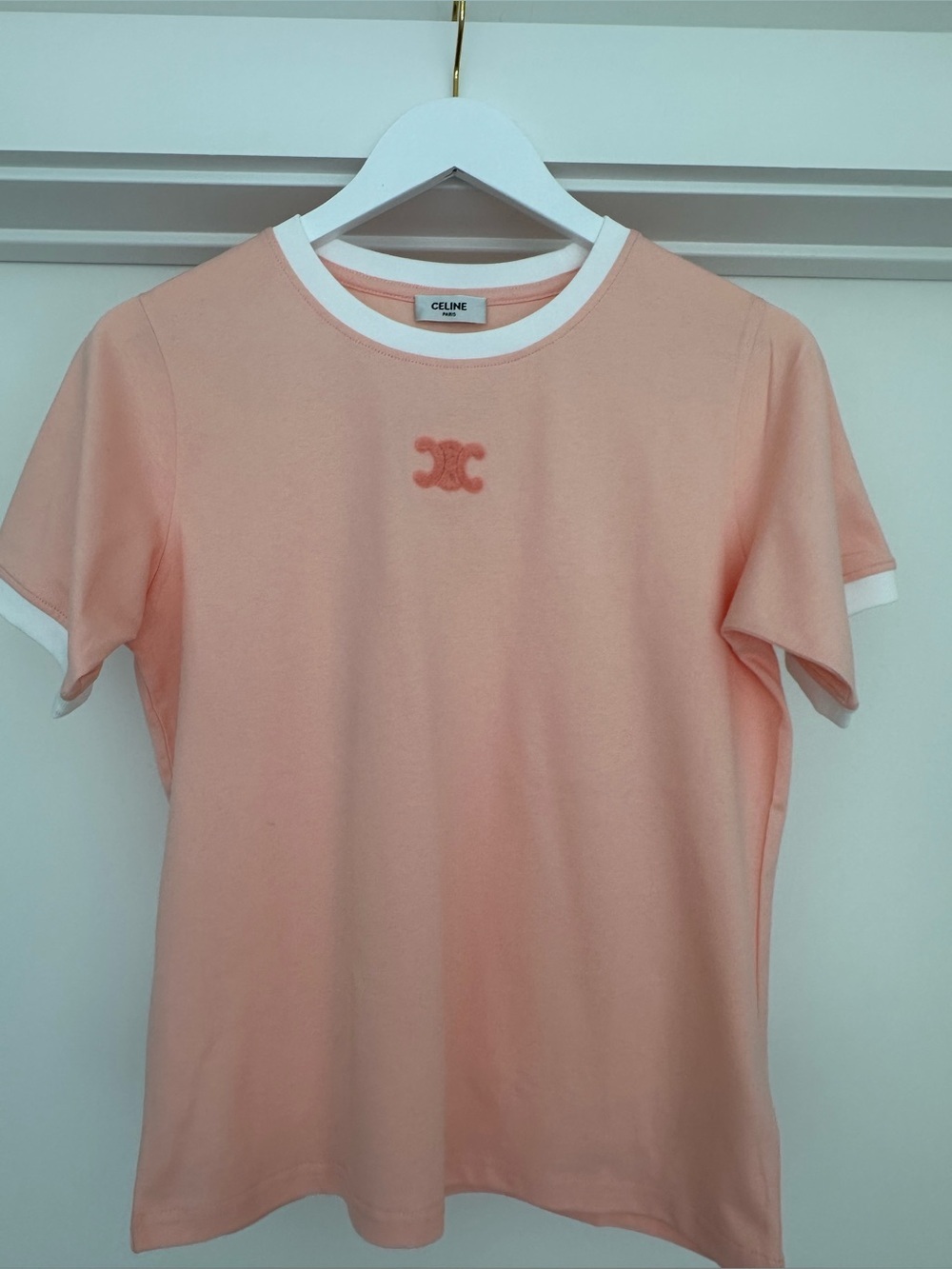Celine women Peach Short Sleeve Tee with White Trim